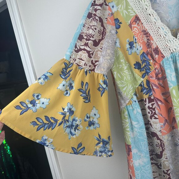 UMGEE Boho Hippie Babydoll Floral Print Peasant Lagenlook Tunic‎ Mini Dress Sz S - Picture 2 of 9